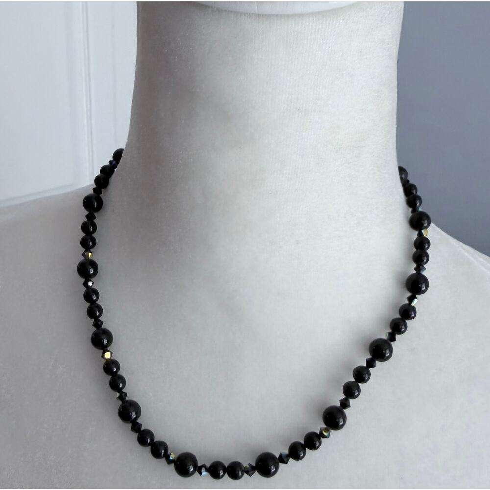 Black Beaded Vintage Style Necklace with Silver Gray Metallic Rose Box Clasp